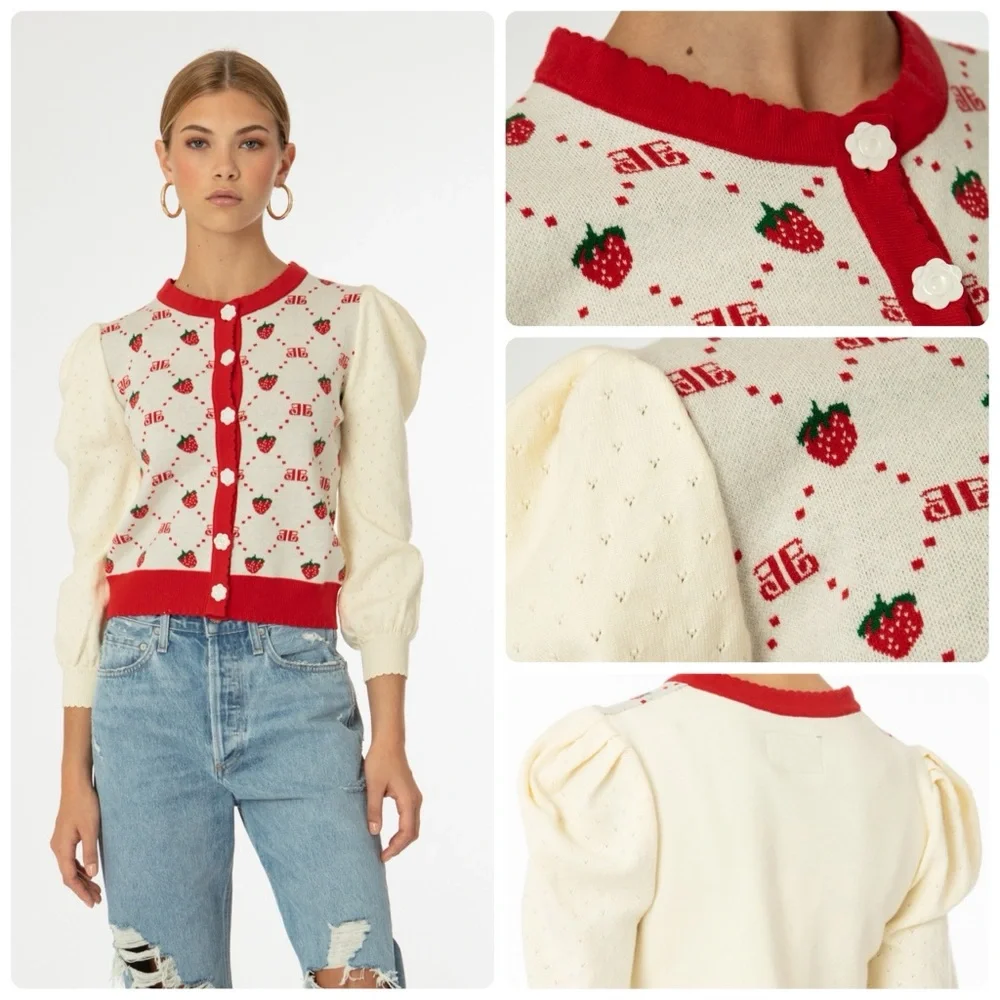 EllandEmm NWOT Strawberry Monogram Cardigan in Cream and Red, Size S/M - Picture 14 of 14